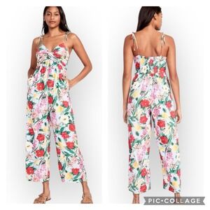 Old Navy Floral Jumpsuit‎ linen Blend Smocked Casual Summer Red Yellow L New
